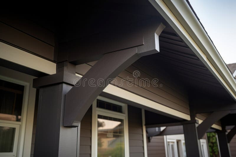 Closeup image of dark overhanging eaves on a beige craftsman house stock image