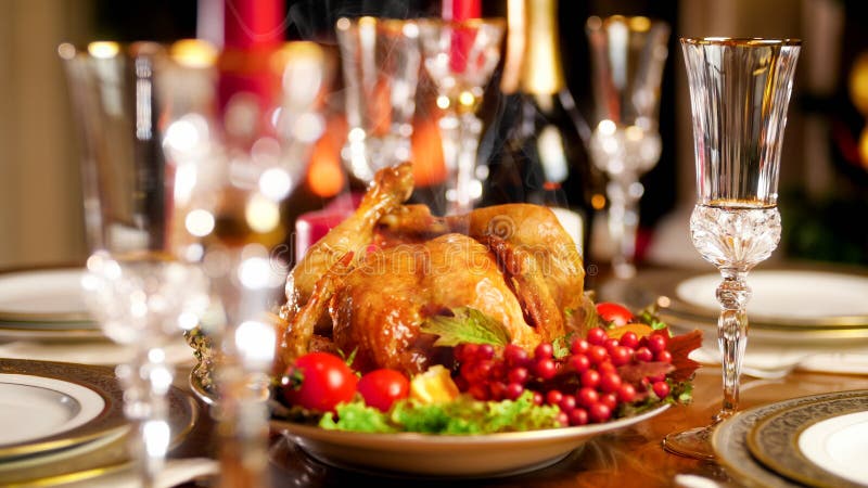 Closeup Image of Glasses, Champagne and Baked Hot Chicken on Festive ...