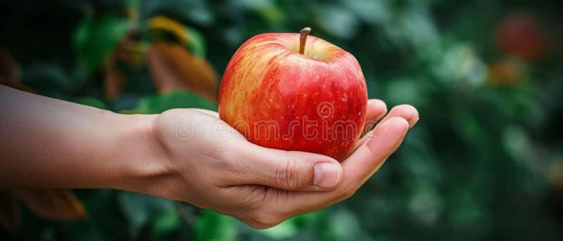 Closeup Image Of A Hand Grasping A Vibrant, Red Apple Gently. Ð¡oncept Fruit Still Life, Tempting Treats, Healthy Snacks, Vivid Colors, Careful Touch.