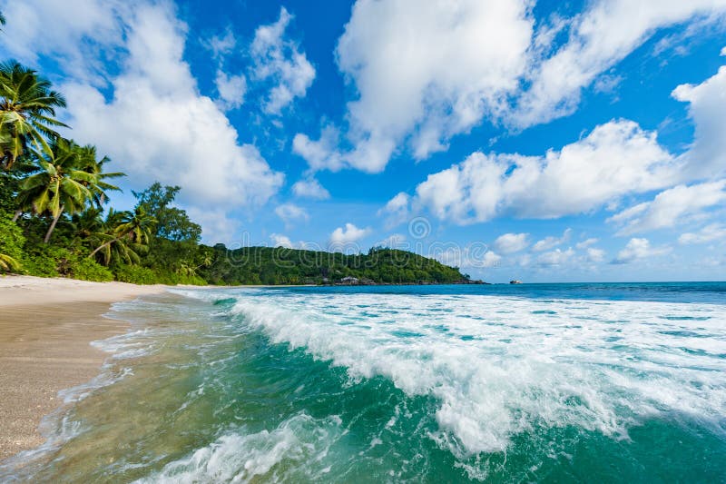 Closeup Of Indian Ocean Waves In Seychelles Beach Mahe Island Stock