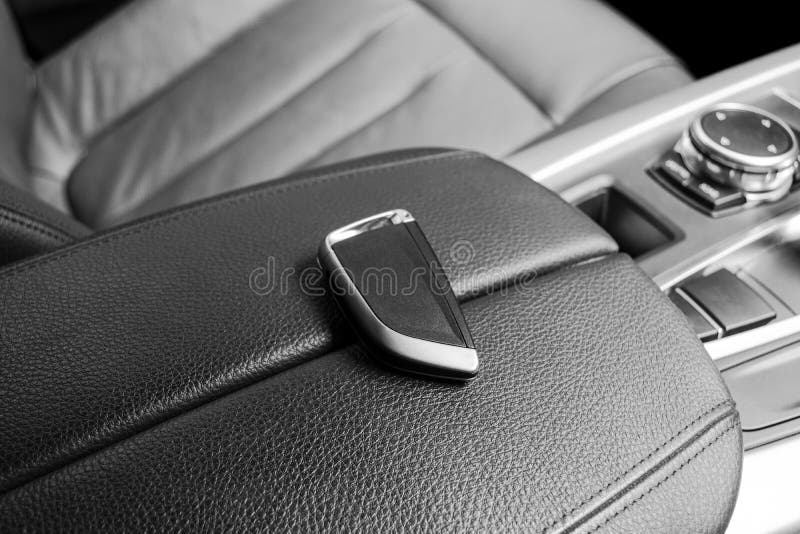 Closeup Inside Vehicle of Wireless Key Ignition. Start Engine Key. Car