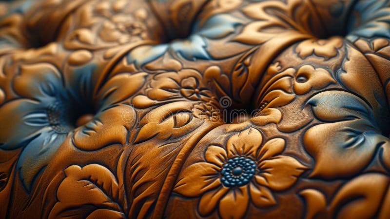Closeup of intricate tooled leather with detailed floral designs carved into its surface. The delicate patterns create a stock photo
