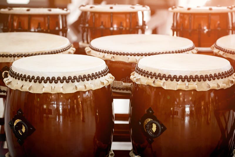 Closeup Japanese drums arrangement during a street festival.