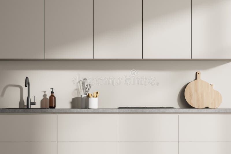 Closeup Kitchen Cabinet With Grey Worktop, Beige Stock Illustration -  Illustration Of Home, Closeup: 227294949