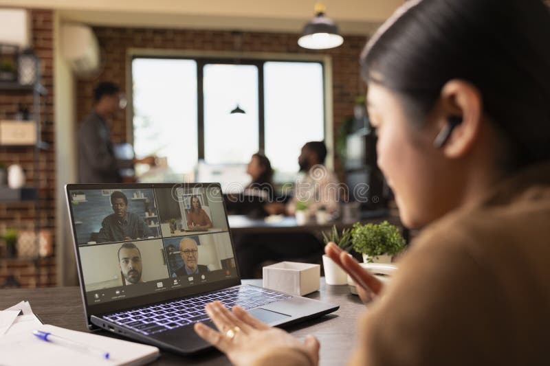 Virtual meeting on laptop screen royalty free stock image