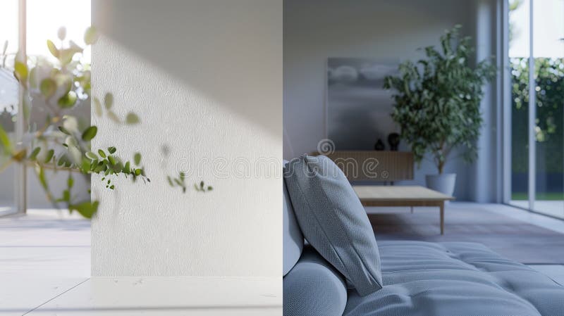 The closeup on the left is a smooth white wall, and the far shot on the right is an. Generative Ai stock illustration