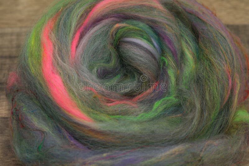 Closeup of lots of beautiful sheep wool fibres rolled up in a roving ready for spinning yarn on a spinning wheel as a hobby. Closeup of lots of beautiful sheep wool fibres rolled up in a roving ready for spinning yarn on a spinning wheel as a hobby