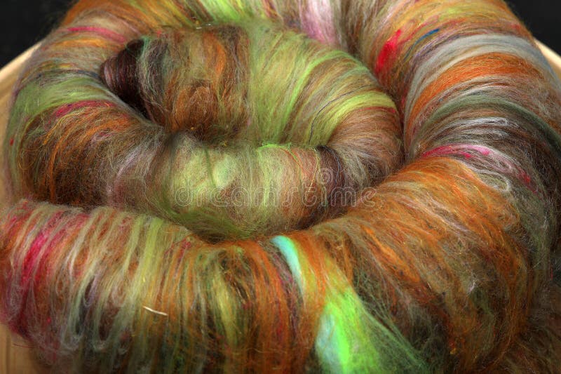 Closeup of lots of beautiful sheep wool fibres rolled up in a roving ready for spinning yarn on a spinning wheel as a hobby