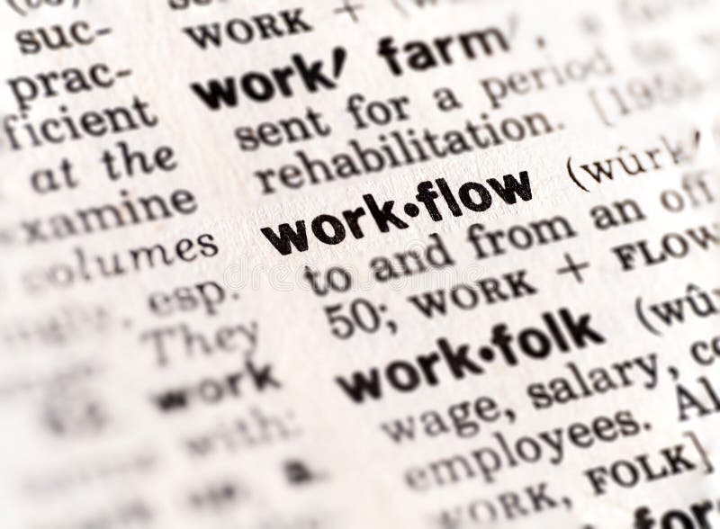 Closeup of the dictionary definition of the word workflow stock photography