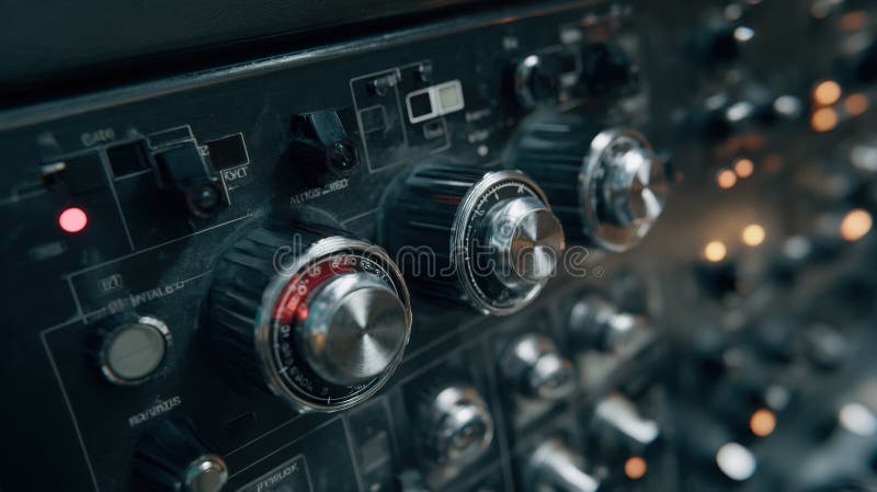 Closeup of magnetohydrodynamic sprayer control panel with knobs and indicators stock photo
