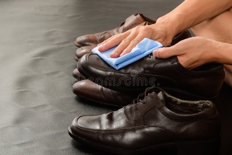 Closeup of Man Cleaning His Leather Shoes Stock Image Image of