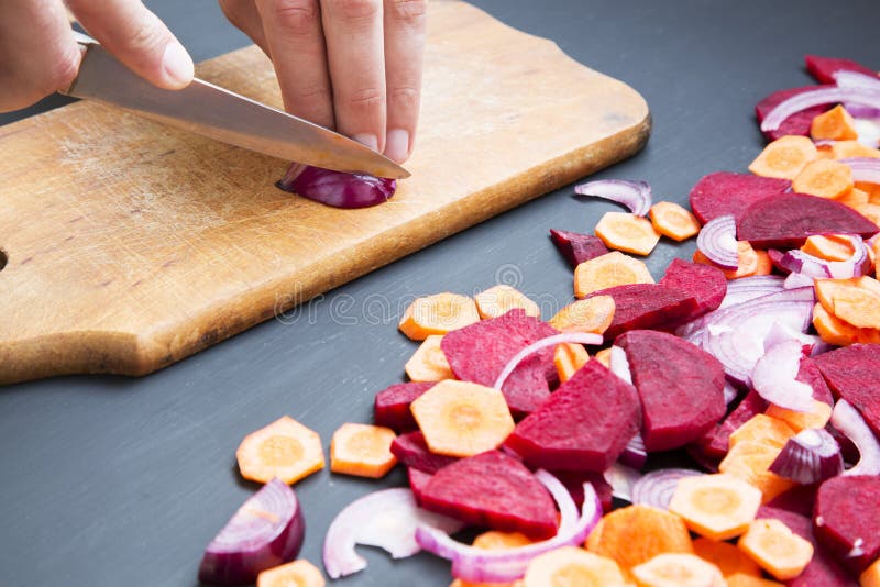 Closeup on Man Cutting Red Onion. Stock Photo - Image of making ...