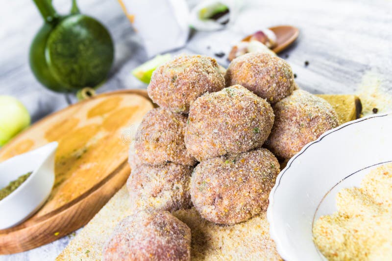 Closeup Meat Balls Ground Beef Rolled Breadcrumbs Stock Photo Image