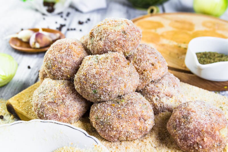 Closeup Meat Balls Ground Beef Rolled Breadcrumbs Stock Image Image