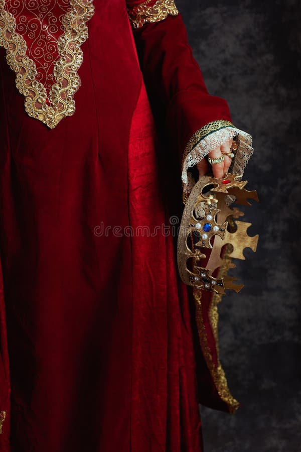 Closeup on Medieval Queen in Red Dress with Crown Stock Image - Image ...