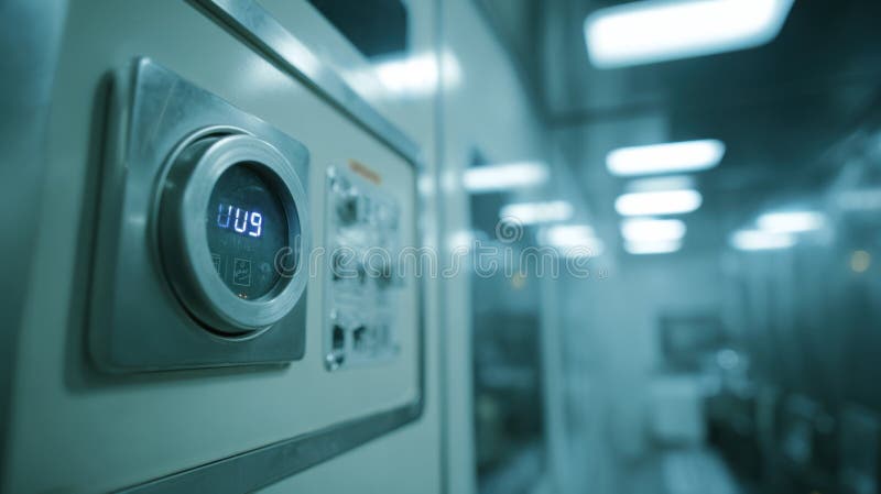 Closeup medium shot focusing on a ventilators control panel inside a hydrogen peroxide vapor fumigation tent stock image