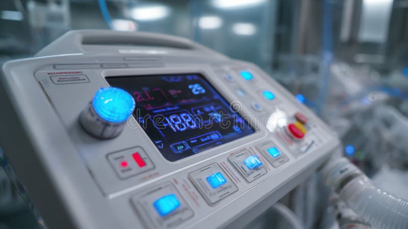 Closeup medium shot focusing on a ventilators control panel inside a hydrogen peroxide vapor fumigation tent stock image