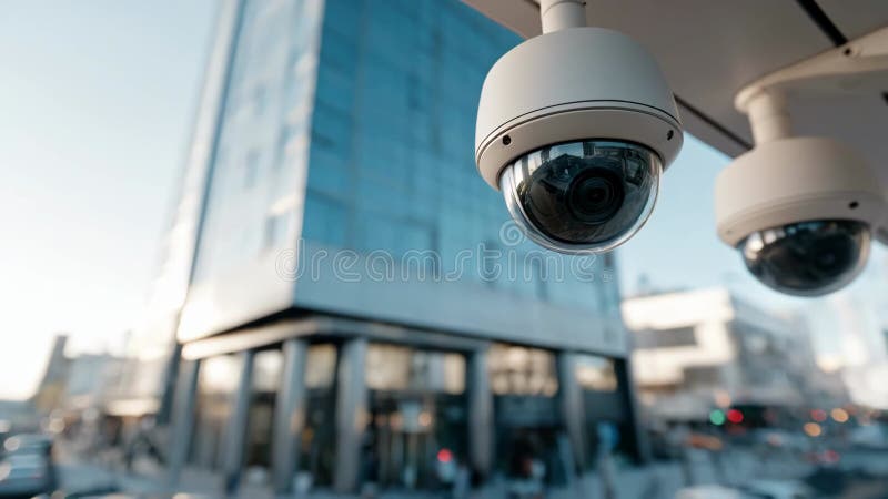 Closeup medium shot of smart security cameras installed on a modern building exterior highlighting advanced IoT stock illustration
