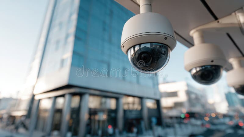 Closeup medium shot of smart security cameras installed on a modern building exterior highlighting advanced IoT stock photo