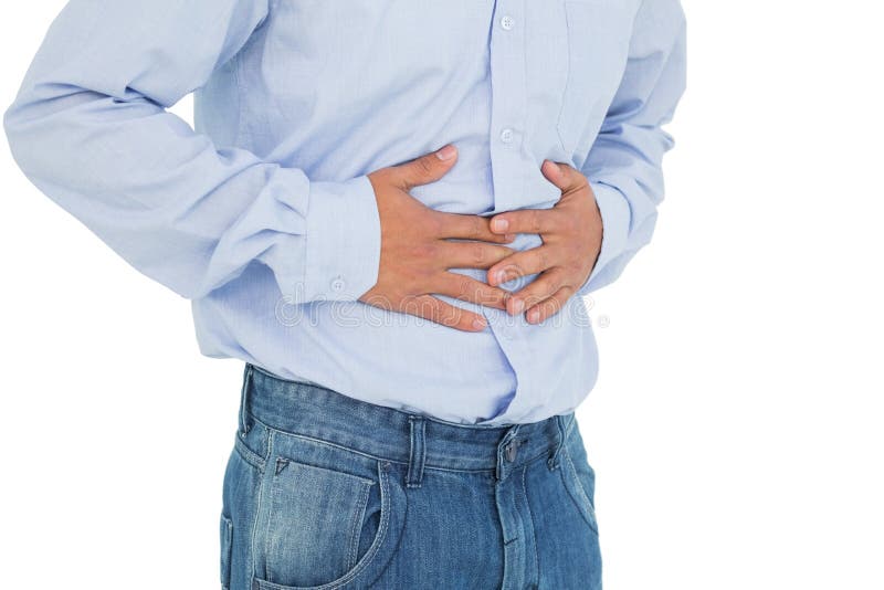 Closeup mid section of a casual man with stomach pain royalty free stock photo