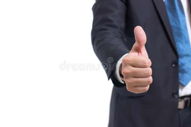 Closeup Midsection of businessman hand showing thumbs up sign against isolated on white background royalty free stock photography Closeup Midsection of businessman hand showing thumbs up sign against isolated on white background royalty free stock photography