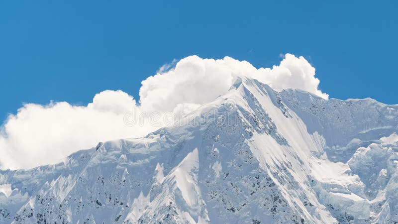 Closeup of Midui Glacier, the most beautiful glacier in China, snow mountain landscape with blue sky background