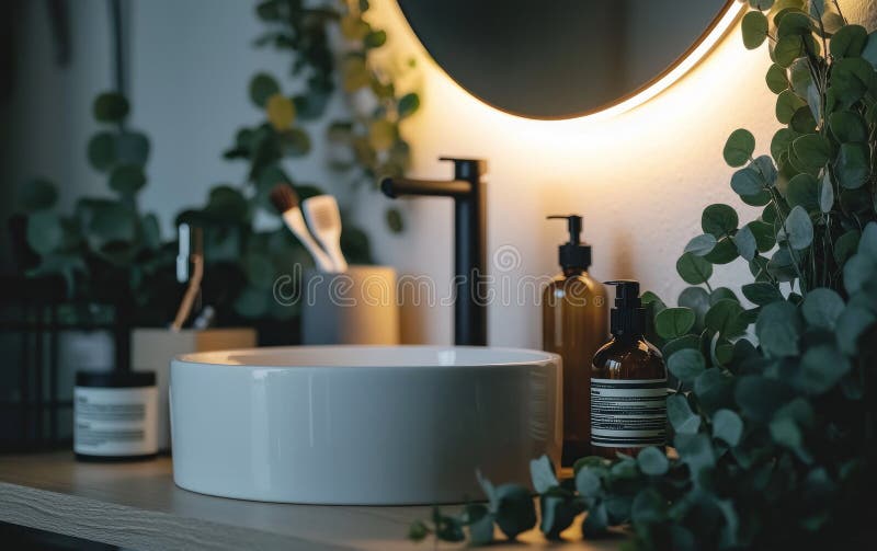 Closeup of a modern bathroom sink with eucalyptus branches in the background stock illustration