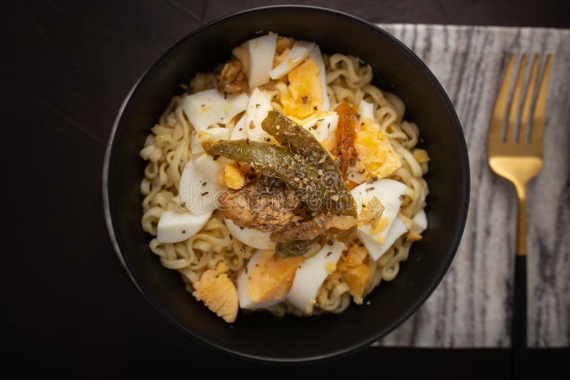 Closeup of Noodles with Boiled Eggs in a Bowl Stock Image Image of