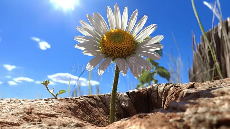 Closeup of one huge Daisy on a dry and cracked ground - stock illustration.