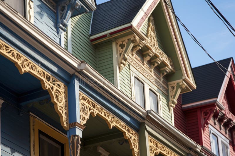 Closeup of ornate victorian woodwork on a houses eaves stock images