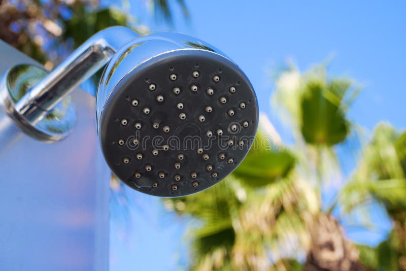Closeup of Outdoor Shower Head. Outdoor Pool Shower Stock Photo Image
