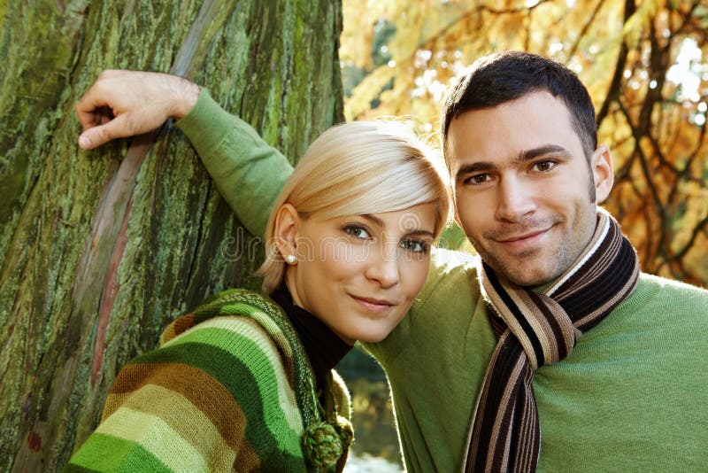 Closeup outdoors portrait of young couple