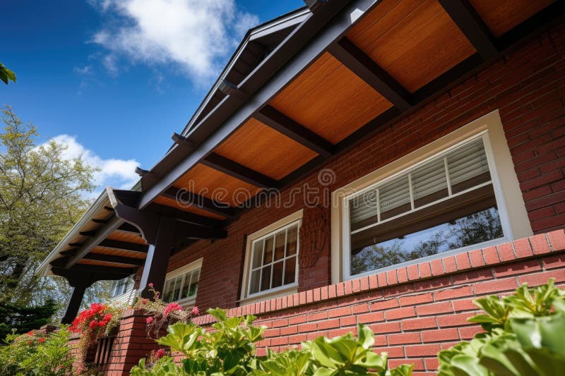 Closeup of overhanging eaves on a brick craftsman house stock images