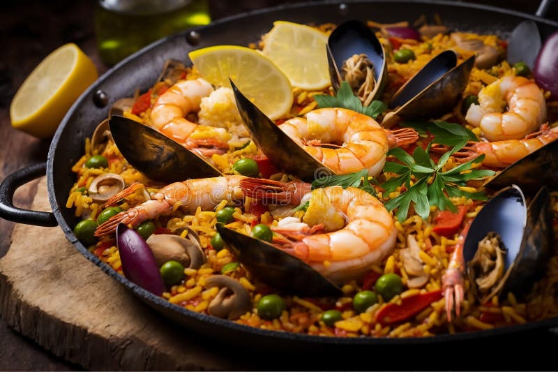Closeup of Pan with Spanish Seafood Paella Stock Illustration Illustration of dish, rice