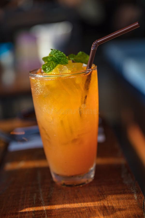 Peach Iced Tea on Table in Restaurant Stock Photo Image of foreground