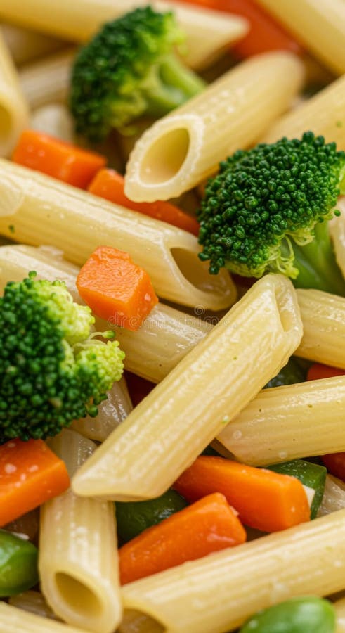 Closeup of Penne Pasta with Broccoli and Carrots vector illustration
