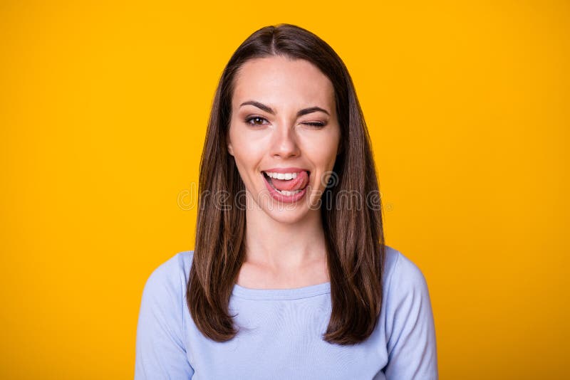 Closeup Photo Of Attractive Pretty Lady Good Mood Sticking Tongue Out