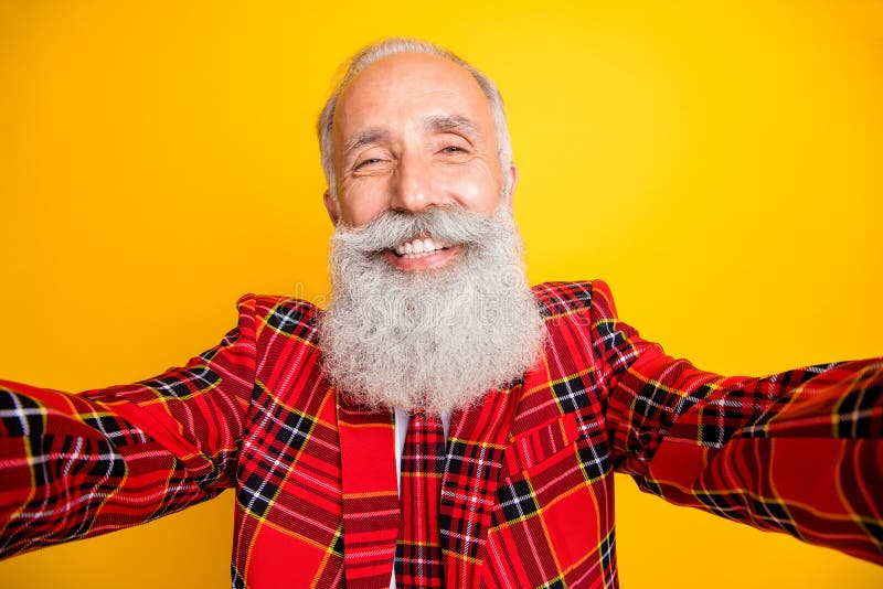 Closeup photo of cool look grandpa guy white stylish long beard making modern selfies wear hipster tartan blazer tie stock images Closeup photo of cool look grandpa guy white stylish long beard making modern selfies wear hipster tartan blazer tie stock images