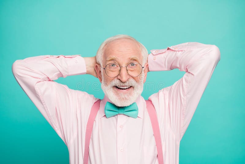 Closeup photo of funny grandpa positive facial expression good mood hands b...