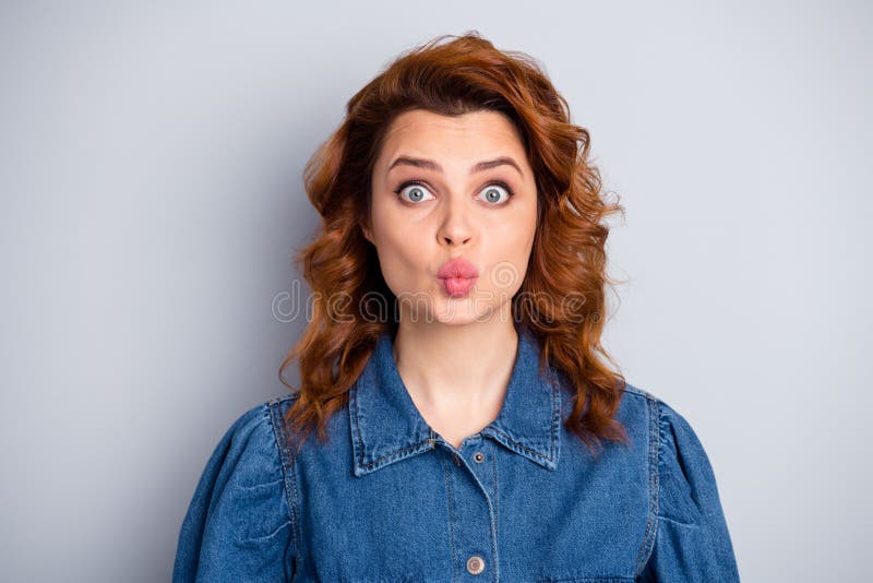 Closeup Photo Of Pretty Curly Foxy Lady Sending Air Kisses Shy Person Big Eyes Funny Facial