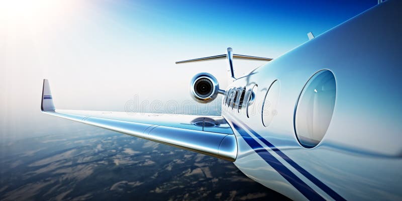 Closeup Photo of White Luxury Generic Design Private Aircraft Flying in Blue Sky at sunrise.Uninhabited Desert Mountains