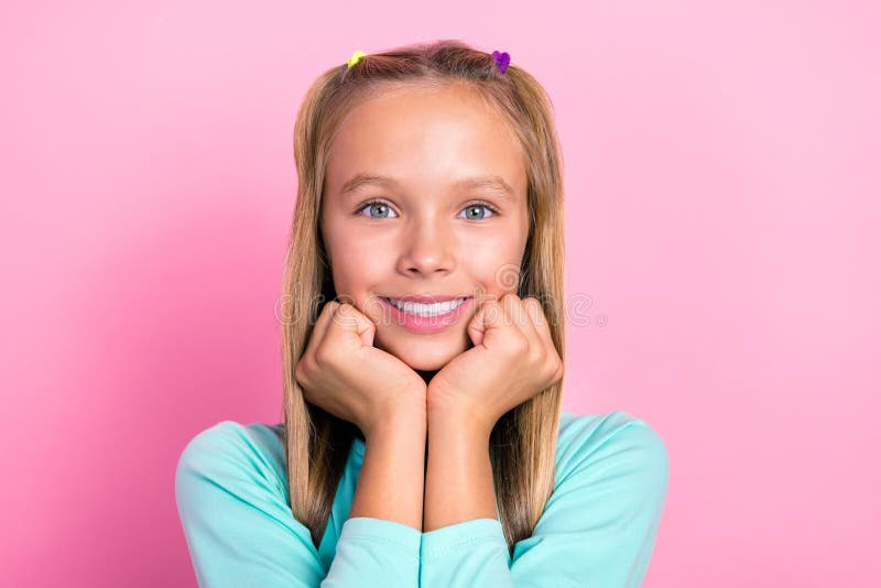 Closeup Photo Of Young Little Pretty Schoolgirl Toothy Smile Touch