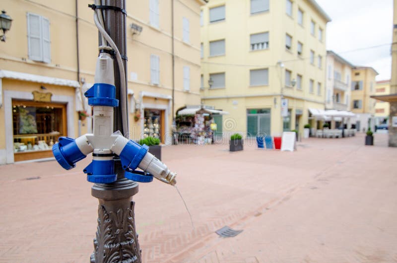 Closeup of a Plastic Circuit Breaker Installed on a Light Column on the Streets Stock Image