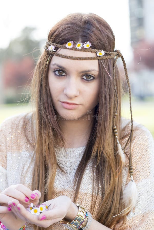 Closeup Portrait Of Beautiful Hippie Girl With Daisies Stock Image