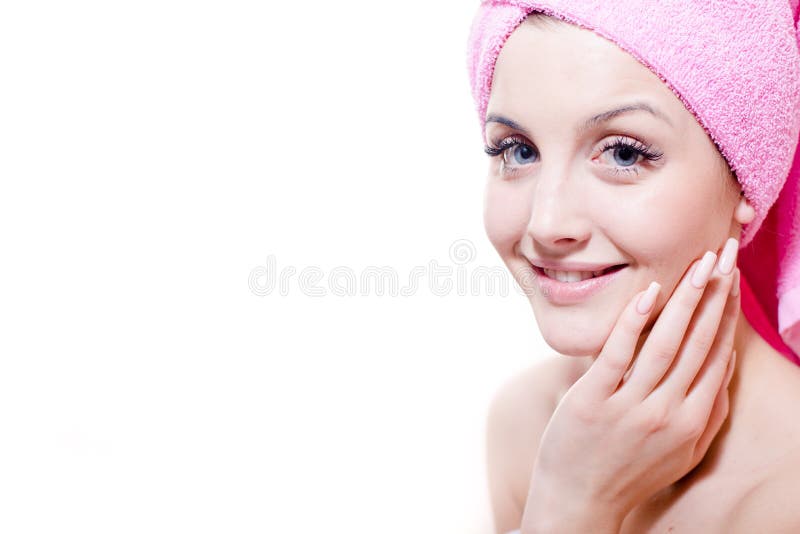 Closeup portrait of beautiful young attractive girl blue eyes blond woman with pink towel happy smiling & looking at camera royalty free stock image Closeup portrait of beautiful young attractive girl blue eyes blond woman with pink towel happy smiling & looking at camera royalty free stock image