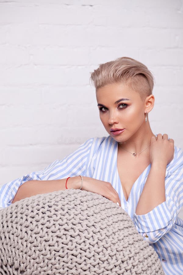 Closeup Portrait Blonde Model With Bright Make Up And Short Hair With 