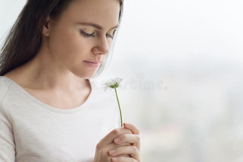 Closeup portrait of girl with chamomile flower, young woman with natural make-up smiling, background window. Concept of clear skin stock photography Closeup portrait of girl with chamomile flower, young woman with natural make-up smiling, background window. Concept of clear skin stock photography