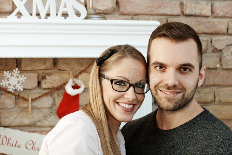 Closeup portrait of christmas couple stock photo