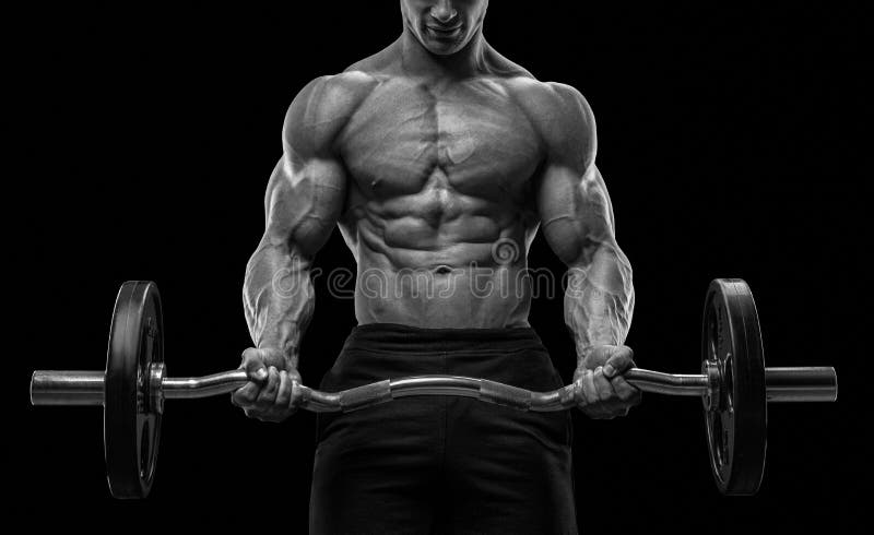 Closeup portrait of a muscular man workout with barbell at gym