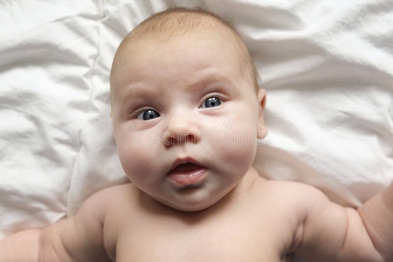 Closeup Portrait Of Newborn Baby On White Blanket Soft Focus Infant